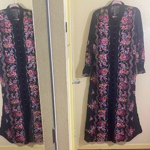 NWOT Aratta Black Long Sleeve Dress with Colorful Floral Embroidery, Size L